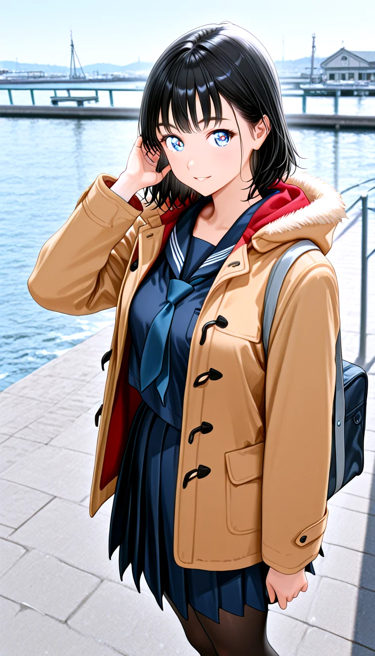 lazypos, masterpiece, best quality, amazing quality, very aesthetic, absurdres, newest, ((ultra detailed hair:1.4)), ((ultra detailed eyes:1.4)),((dynamic angle))
BREAK
1girl,solo, m1o_manga, black hair,
fur trim,red hooded coat, school uniform, shirt, navy blue serafuku, skirt, (Above-the-knee skirtt), Navy blue tie, School Bags, pantyhose
BREAK
Winter, harbor, small ferry dock, waiting, smile, hand in own hair, parted lips, cowboy shot
<lora:Mio_-_100percent_-_mangaSummer_Time_Rendering3-000012:1>