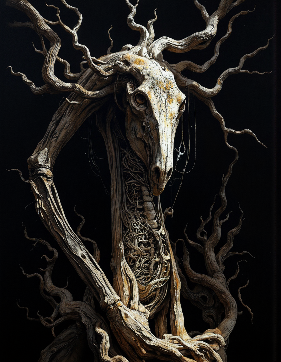 In style of Andreas Vesalius, Bastien Lecouffe-Deharme, abstract,surreal, oppressive, terror, dim lighting, pitch black, high contrast, moody, metallic angular shapes, geometric, right angles, lifeless void,