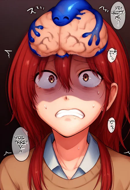 score_9, score_8_up, score_7_up, source_anime,
BREAK
1girl, solo, 鬼灯ハル, haru, red hair, long hair, brown eyes, sweater,
possession, brain takeover, brain, wide-eyed, clenched teeth, trembling, shaded face, blue slime, slime smiling
