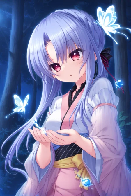 masterpiece,best quality,amazing quality,highres,scenery,newest,1girl,official style,ao,red eyes,blue hair,long hair,ao kimino,japanese clothes,kimono,upper body,night,<lora:summerpockets-ao-V2:1>,outdoors,forest,cupping hands,((butterfly:1.5)),((butterfly on hands)),upper body,front view,