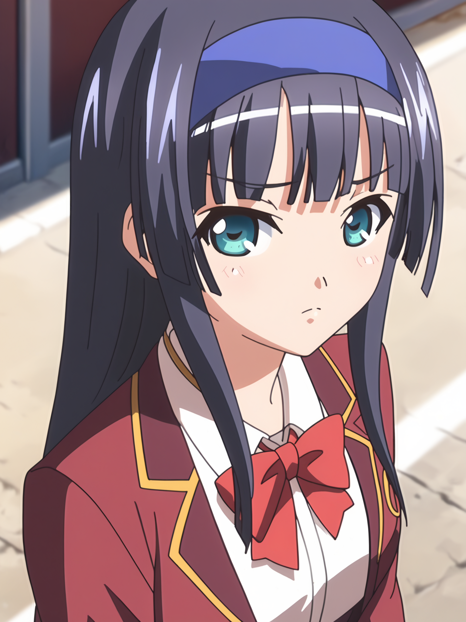 <lora:happy_tentacle-olivia-v0.2-000018:0.9>, ht_olivia, blue hairband, necklace, , school uniform, blazer, red bow, red tie , upper body, 1girl, (petite:1.2), solo focus, sad, (looking at viewer:1.1), outdoors , , (depth of field:0.8), from above, score_9, score_8_up, score_7_up, score_6_up, score_5_up, score_4_up,