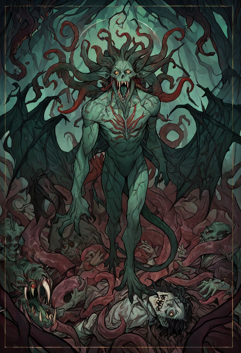 masterpiece, best quality, newest, absurdres, highres, 
DTILV1.0, Tarot, Tarot card,
1boy, monster, monster boy, eldrich, eldrich horror, tentacles, green skin, green colored skin, tusks, fangs, sharp teeth, wings, demon wings, tail, demon, demon boy, unead, zombie,