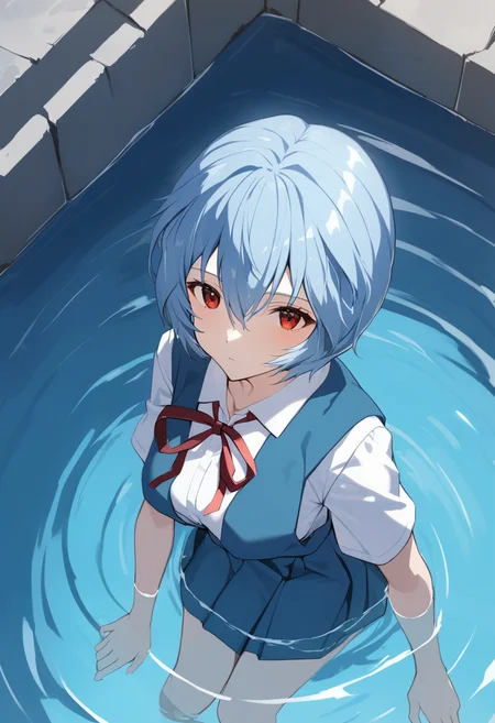 1girl, ayanami rei, solo, red eyes, short hair, school uniform, red ribbon, hair between eyes, neck ribbon, looking at viewer, blue hair, ribbon, white shirt, shirt, closed mouth, bangs, tokyo-3 middle school uniform, from above, skirt, short sleeves, blue skirt, partially submerged, collared shirt, medium quality, late, <lora:char - ayanami rei - v1 - bionagato:1>