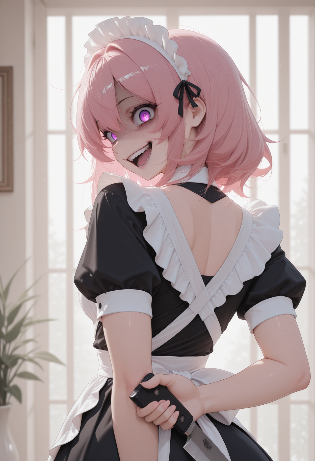 (masterwork, masterpiece, best quality, hyper-detailed, 8k uhd:1.4) 1girl,solo, CivChan, pink hair, purple eyes, maid uniform, <lora:CivChan_Illustrious:0.9> quality: masterpiece, extremely aesthetic, highly detailed, vibrant colors, vivid colors, saturated, crazy smile, (insane eyes, crazy,:1.4) peering at the user, bright corporate office, holding a large knife behind her back, from behind, looking back, mischievous