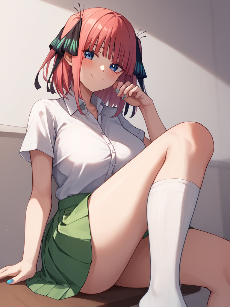 score_9,score_8_up,score_7_up,<lora:nakano_nino:1>,white_shirt, sitting, nakano_nino, paid_reward_available, solo, closed_mouth, looking_at_viewer, shirt_tucked_in, light_blush, smile, 1girl, thighs, feet_out_of_frame, large_breasts, highres, pleated_skirt, green_skirt, nail_polish, collared_shirt, hand_up, short_sleeves, school_uniform, knee_up, simple_background