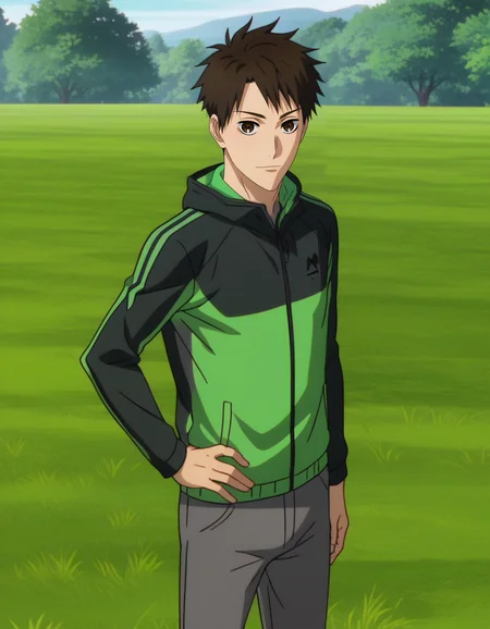 <lora:Kakeru_and_Haiji:1>,zPDXL2,haiji kiyose,1boy,male focus,solo,hand on own hip,looking at viewer,jacket,outdoors,pants,standing,cowboy shot,green-black jacket,grass,smile,track jacket,tree,hood,hood down,grey pants,anime screenshot,