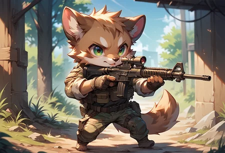 (score_9, score_8_up), score_7_up, gloves, 1boy, chibi, cute, holding, animal ears, jacket, tail, weapon, male focus, pants, holding weapon, uniform, gun, military, military uniform, holding gun, rifle, furry, furry male, camouflage, aiming, brown fur, scope, camouflage jacket, camouflage pants
<lora:warcore-000011:0.9>