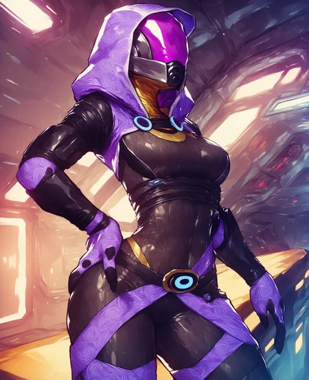 score_9, score_8_up, score_7_up, score_6_up, score_5_up, score_4_up, source_furry, by aqe, tali, tali'zorah, alien, alien humanoid, humanoid, quarian, 3 fingers, armor, black clothing, bodysuit, clothed, clothing, female, fingers, headgear, helmet, hood, not furry, detailed background, spacecraft, skinsuit, solo, tight clothing, hand on hip, pose, pose, cute pose, pinup, wide hips, medium breasts, <lora:talizorah_pdxl_:1>