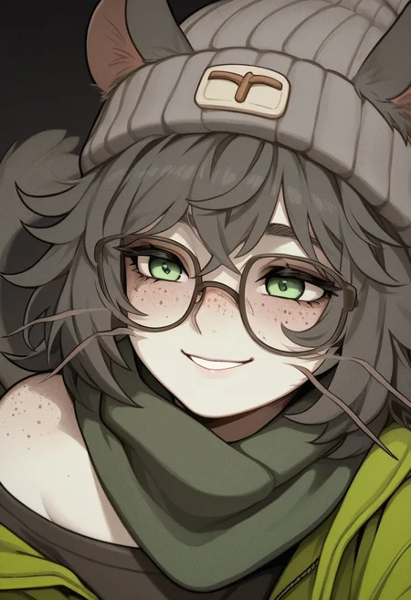 (Zoom on face. Close-up)
Solo Woman. Demihuman rat. Half human half rat. off-the-shoulder green furcoat, rat tail, rat ears. Whiskers.
Pale skin. (long gray bushy messy hair), green eyes, glasses, messy, scars, scarf, scavenging, freckles. Beanie. Smiling.