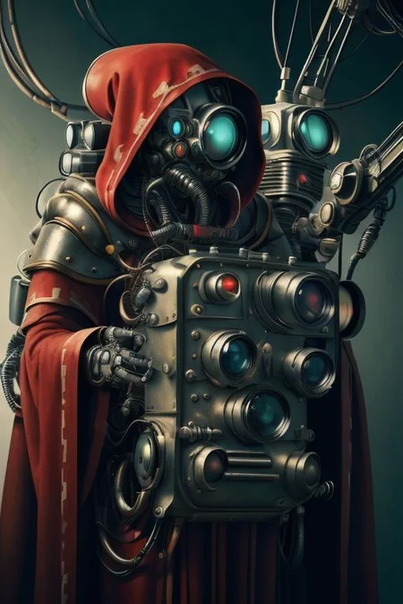 ((masterpiece,best quality)), absurdres, mechanical arms, robes, hood, (techpriest), cyborg, mechanical face, (SpyWorld50s) Adeptus Mechanicus, mechanical limbs, one mechanical eye, mechanical tentacles,((mechanical backpack)), red cloak, 1other, solo, <lora:adeptus:0.5>
