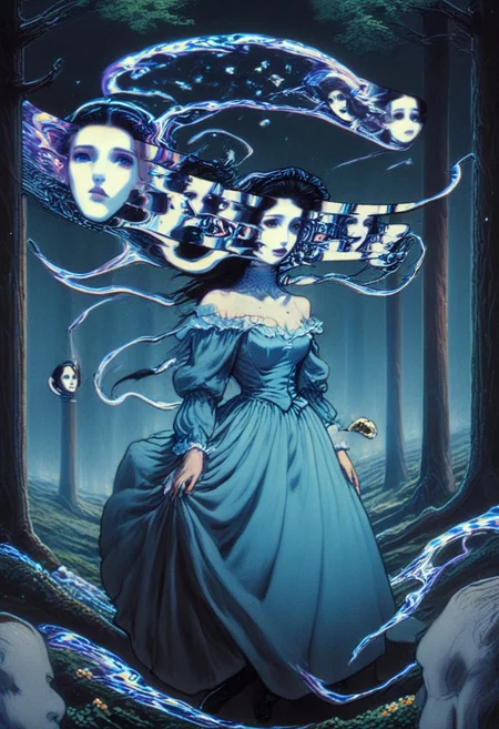 Colorful Sketch By herg, a beautiful busty Fantasy magician with Brown Hairbun, giant cute ghosts flying, sinister Dark, cinematic, deep blacks,