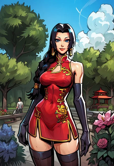 score_9, score_8_up, score_7_up, score_6_up, score_5_up, score_4_up, perfectly detailed face, high quality, source_cartoon, easynegative, NSFW, ((thick outlines, each outlined in heavy black lines,)) BREAK 1girl(boa hancock), long braid, braid on side, chinese dress, thigh highs, long gloves, bare shoulder, giant snake play with girl, BREAK smile, Standing, modeling, ((sky, trees, garden, chinese garden, ))