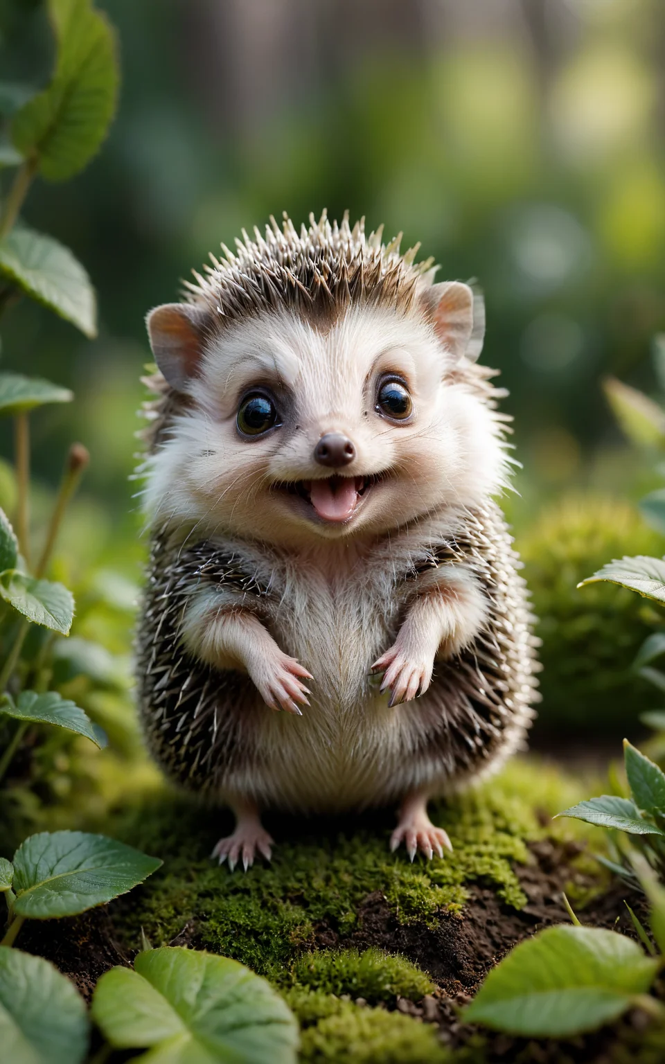 Visualize a lifelike drawing of a tiny hedgehog, its features humorously exaggerated with especially large, bright eyes and an inquisitive, smiling expression. The hedgehog's spines are finely detailed, capturing the natural texture, while its tiny paws are slightly oversized, adding to the cuteness. The setting is a simple garden background, with a focus on natural colors and a few green plants, creating a realistic yet adorable scene.