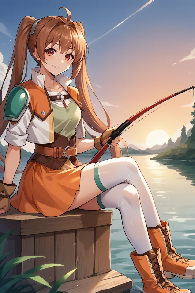 score_9, score_8_up, source_7_up, source_anime, BREAK 1girl <lora:estelle-pdxl-nvwls-v1:1> scEstelle, twintails, cropped jacket, orange and white jacket, green shoulder pad, tan shirt, orange skirt, belt, white thighhighs, brown gloves, orange boots, sitting, dock, holding fishing rod, fishing, lake, sunset, smile, happy