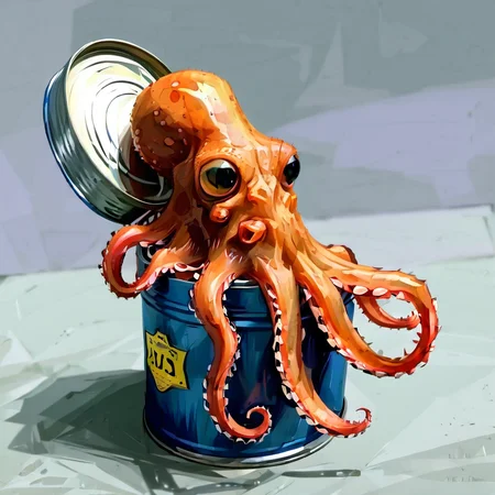 squinty-eyed octopus sitting in a tin can, caricature, albeniz rodriguez style <lora:albeniz-rodriguez-style:0.9>