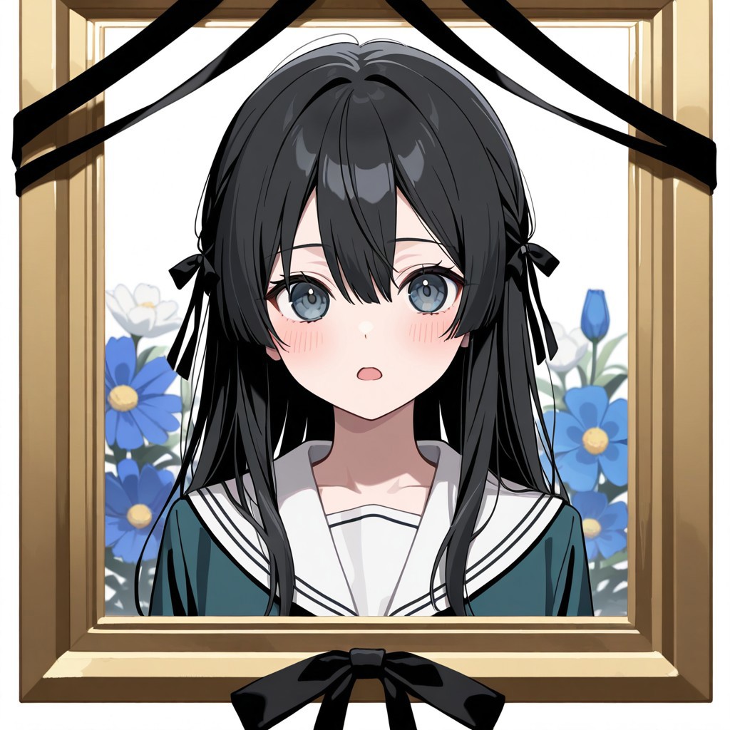 masterpiece, best quality, 32k, high resolution, absurdres, iei, portrait (object), black ribbon, open mouth, jacket, blush, long sleeves, flower, long hair, black hair, serafuku, sailor collar, hair between eyes