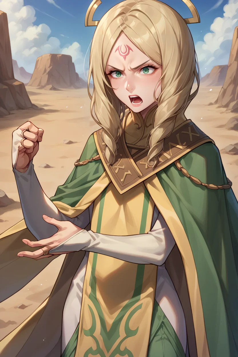 score_9, score_8_up, score_7_up, score_6_up, source_anime BREAK 1girl, solo, <lora:feemmeryn-pdxl-nvwls-v1-000006:1> emmeryn, blonde hair, forehead mark, hair ornament, cape, bridal gauntlets, long dress, tabard, green thighhighs, open mouth, annoyed, punch, shouting, desert