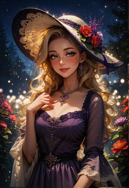 score_9, score_8_up, score_7_up, score_6_up, score_5_up, score_4_up,   1woman, (beautiful face, cute face, 18 years old), blonde, long straight hair, outdoors, plants, flowers, soft lighting, smiling, blush, looking at viewer,  green eyes, hands on chest, leaning forwards, night, bokeh, moonlight, tan skin, standing, dusk, particles  <lora:sdxl\Expressive_H-000001:0.6>, expressiveH <lora:sdxl\vixon_pony_gothic_neon:0.4> <lora:sdxl\incase_style_v3_ponyxl_ilff:0.3> <lora:sdxl\sinfully_stylish_SDXL:0.4> <lora:sdxl\wrenchrococodomepdxl-000007:0.8>, purple wrenchrococodome, purple gown, hat