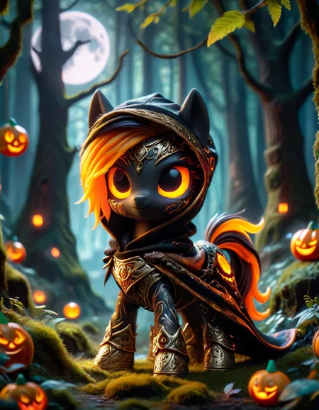 dark fantasy art, hyper detailed, 8 k, ultra realistic painting, movie still, unreal engine 5, render with nanite as a path tracing reflections, raytracing, cinematic lighting, wide angle, exterior photography, furaffinity, octane, colored brushstrokes, concept studio art, forest background, full moon, black robed figure, gold trimmed cloth, black cowl, orange glowing eyes, left hand are actually orange tendrils made out of ral-bling <lora:ral-ltlpowny:1>