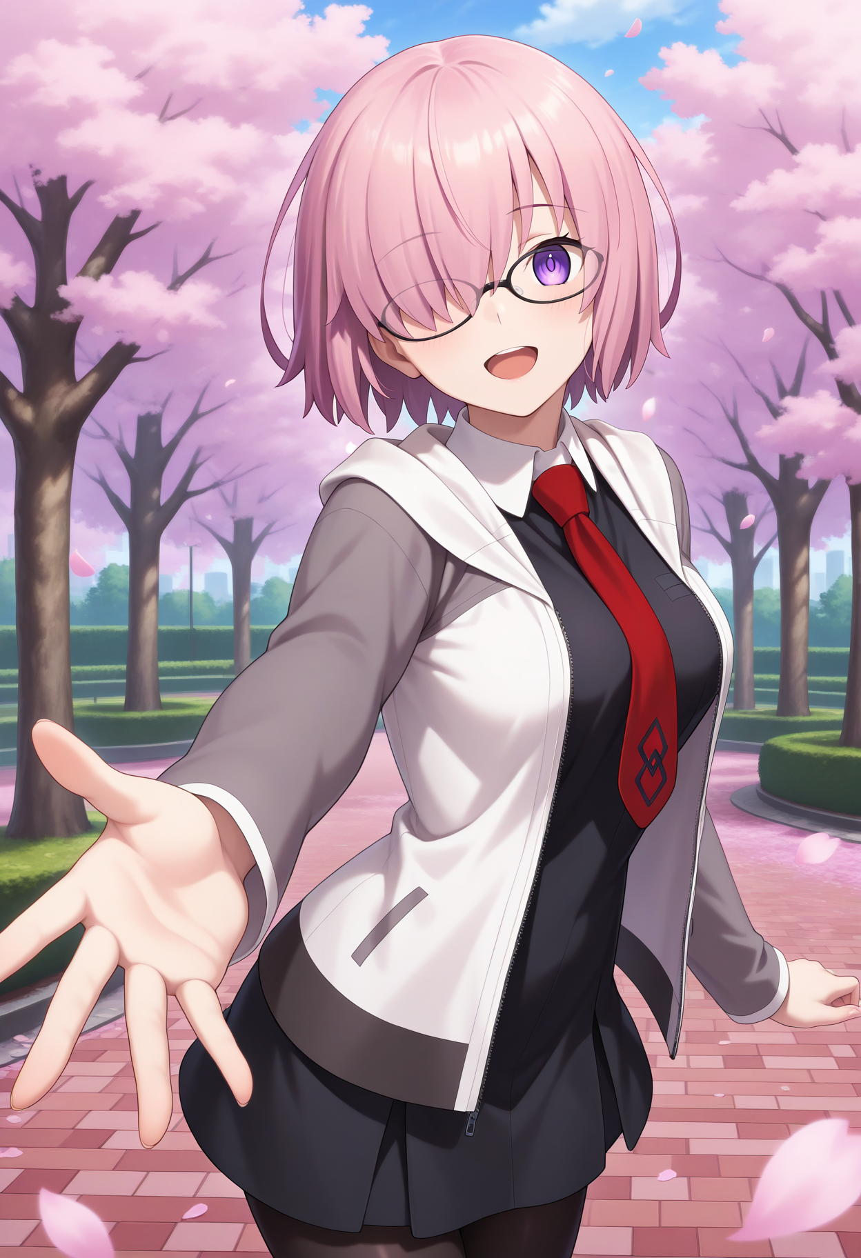 best quality, masterpiece, 1girl, aamash, short hair, pink hair, hair over one eye, glasses, purple eyes, red necktie, collared dress, black dress, jacket, open jacket, long sleeves, black pantyhose, <lora:mash_kyrielight_ilxl_v1:0.9>, standing, cowboy shot, park, smile, open mouth, reaching, petals,