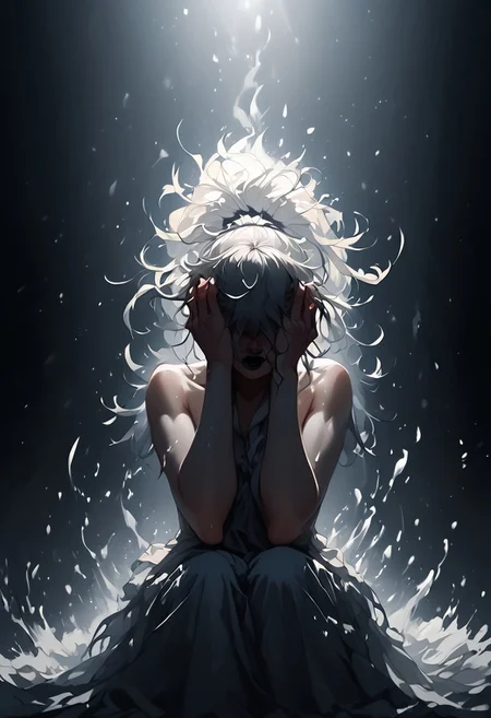 1 angel, white wings, messy white hair, hair covering eyes, blunt bangs, ponytail, black lipstick, kneeling, sorrowful, dark ethereal background, glowing embers, splashes of red