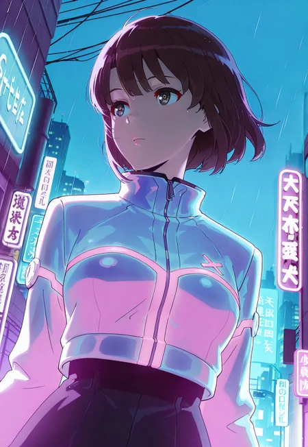masterpiece,best quality,amazing quality, <lora:megumikatoIL:1>, katomegumi, animated, 1girl,solo,brown hair,bangs,brown eyes,pupils, short hair, masterpiece, best quality, futuristic street wear, holographic accents, neon-lit cropped jacket, high-tech accessories, cyber city background, towering skyscrapers, floating holograms, rain-slicked streets, neon sign reflections, cybernetic augments, purple and blue lighting, steam rising from vents, dutch angle, metropolitan atmosphere, high contrast shadows,(eye fix)