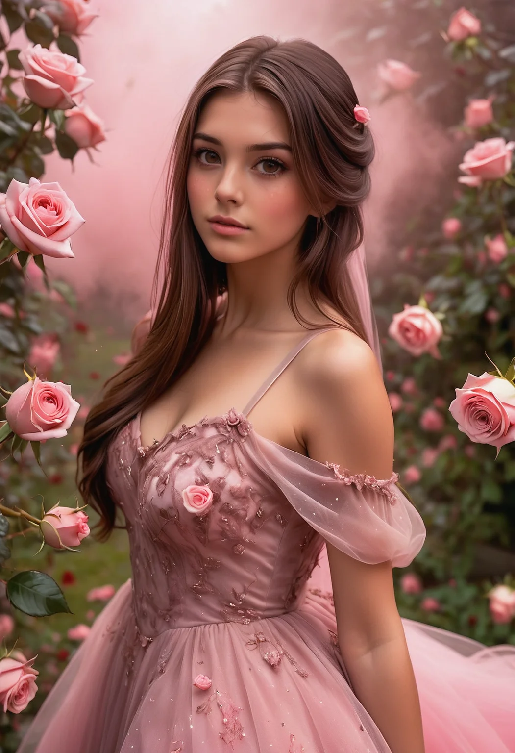 score_9, score_8_up, score_7_up, score_6_up, score_5_up, score_4_up, close up, 1girl, the dress is surrounded by pink mist <lora:heartmiststyle-000001:0.9> , 24yo woman, brown hair, long straight hair, brown eyes, she is in a magical garden with floating roses