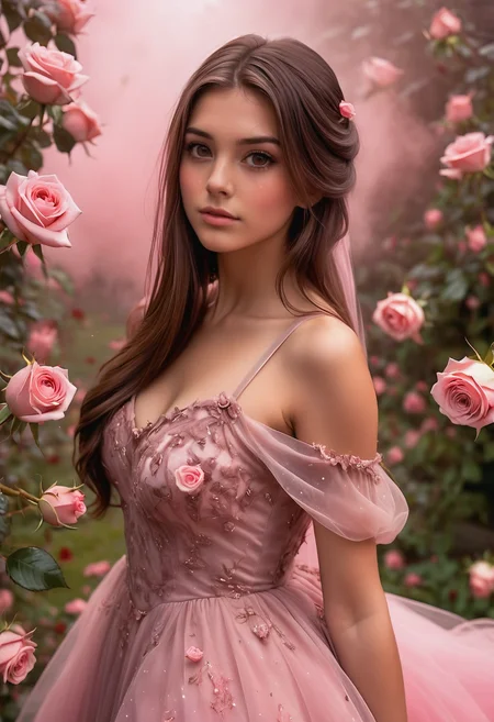 score_9, score_8_up, score_7_up, score_6_up, score_5_up, score_4_up, close up, 1girl, the dress is surrounded by pink mist  <lora:heartmiststyle-000001:0.9> , 24yo woman, brown hair, long straight hair, brown eyes, she is in a magical garden with floating roses