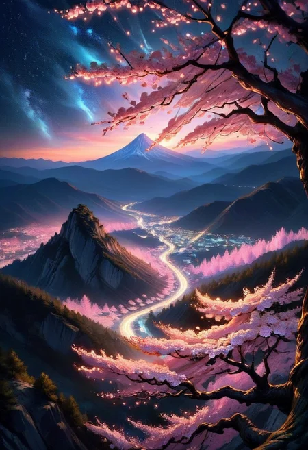 score_9, score_8_up, score_8, full color painting of lone sakura tree, over mountain edge, on the top of mountain, pink blossom, petals on the wind, far view, night time, stars in the sky,  landscape, dramatic lights,  sparkles around, insane details, intricate details, hyperdetailed, soft cinematic light, dim colors, exposure blend, hdr, faded
