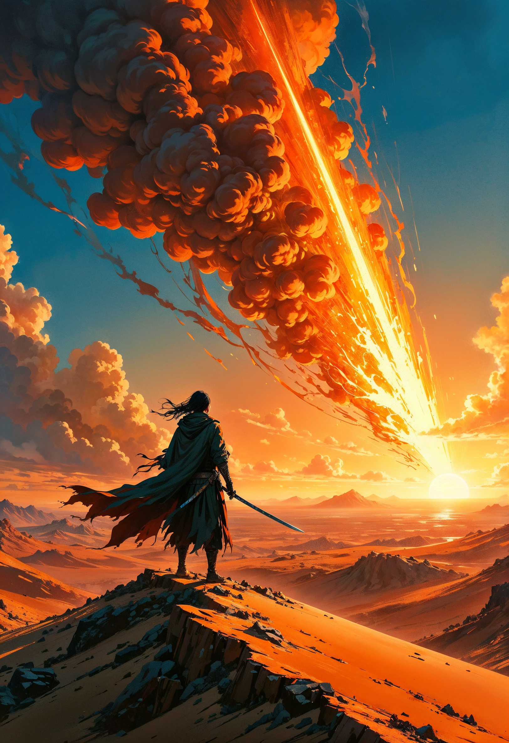 (in Otomo Katsuhiro style:1.2), high-quality, masterpiece, A lone warrior standing atop a vast sand dune at dusk, his tattered cloak whipping in the wind, His sword is drawn, its blade is made of pure sunlight radiating heat waves that distort the air around it, In the distance a colossal sandstorm looms lit by the setting sun, The orange glow of the sky contrasts with the cold blue shadows of the desert, The scene is intense and otherworldly capturing a moment before an epic battle, (elaborate fine details:1.1), (hyperdetailed:1.1), (intricate details:1.0), (Refined details:1.1), (best quality:1.1), (high resolution:1.2)
