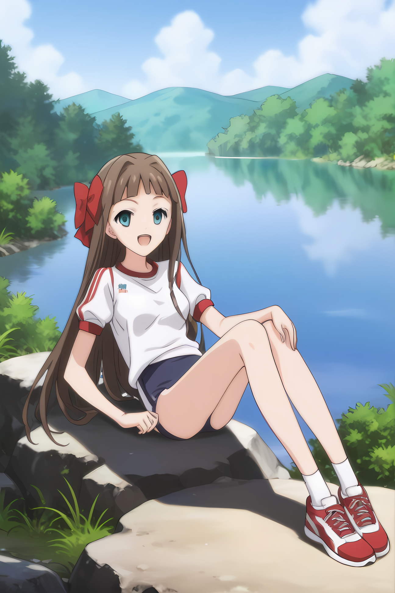 gym clothes, mt-asuka, brown hair, red bow, medium breasts, 1girl, solo, skinny, masterpiece, high quality, (full body|sitting|standing|lying), lake, happy, score_9, score_8_up, score_7_up, source_anime, anime, anime style <lora:mt-asuka-V01-000003:0.90>