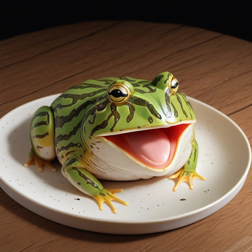 vxc4k3, frog head, no humans, animal focus, cake, plate, wooden table, screaming, comedic sweatdrop,
best quality, absurdres