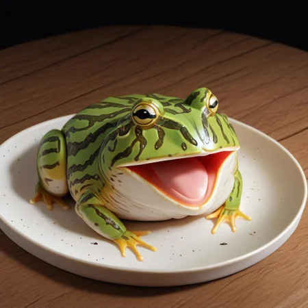 vxc4k3, frog head, no humans, animal focus, cake, plate, wooden table, screaming, comedic sweatdrop,
best quality, absurdres