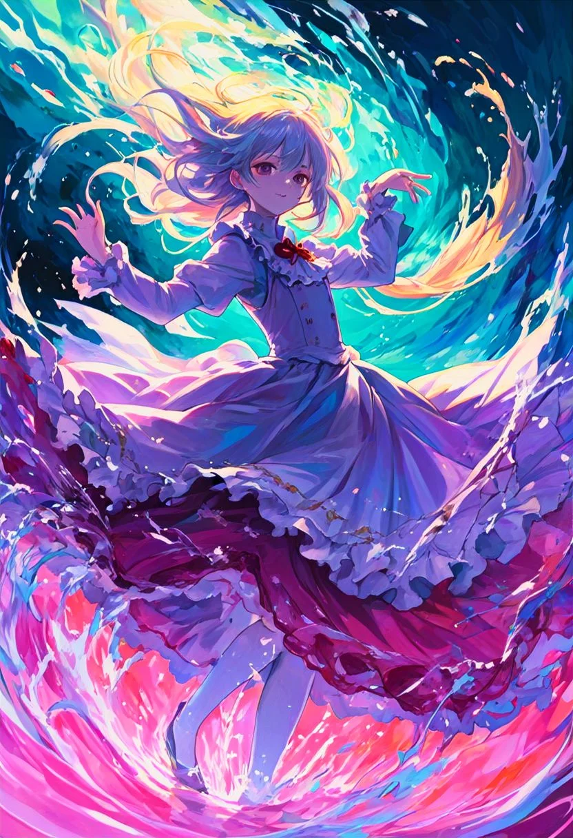 anime, young woman in a full dress dancing in colorful water