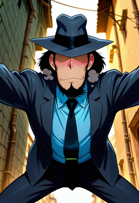 safe_pos, safe_pos, score_9, score_8_up, score_7_up, score_6_up, perfect anatomy, perfect proportions, best quality, masterpiece, high_resolution, high quality, best aesthetic, absurdres, highres, extremely detailed, huge filesize, solo male, adult, mature, masculine, manly, handsome, charming, alluring, standing, upper body, dutch angle, cowboy shot, perfect face, perfect eyes, source_anime \(Lupin III\), anime coloring \(Lupin III\), Daisuke Jigeni, LP3Jigen, black hair, sideburns, facial hair, chinstrap beard, jawline beard, eyeless, hidden eyes, eyes in shadow, eyes hidden by shadows, fedora, LP3Jigen_outfit08, black suit, grey collared shirt, black necktie, black blazer, outdoor, alley, sexy, on top of viewer focus, legs apart, leaning forward, nervous, blurred background, expressive face, looking down at viewer, bend over, from below, dynamic angle, foreshortening, pov, intricately detailed illustration, atmospheric perspective, depth of field, newest, seductive_pose, low angle, steamy, exciting, heavy breathing, bashful, blushing, sweating, kinky, movie still, vibrant, vivid, stardom, glamorous, extraordinary achievement, award-winning, expressionist, cinematic still, emotional, harmonious, vignette, bokeh, cinemascope, moody, epic, gorgeous