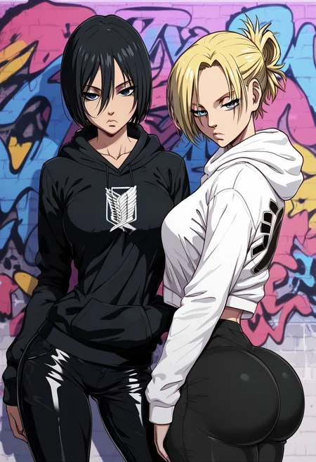 score_9, score_8_up, score_7_up, BREAK, 2girls, Zfive, standing, posing, hoodie, black sports trousers, upper body focus, (big fat ass:1.3), (big hips:1.3),(musculus:0.8), (looking at viewer), bimbo, (black graffiti background:1.2), text "bimbo" graffity, bored face, tired face, black (text "slut":1.3),
(adult mikasa ackerman:1.2), black eyes, black hair, short hair, black hoodie,
(annie leonhardt:1.2), single hair bun, white hoodie, BREAK,
detailed face, abscract background, (street background:1.3),