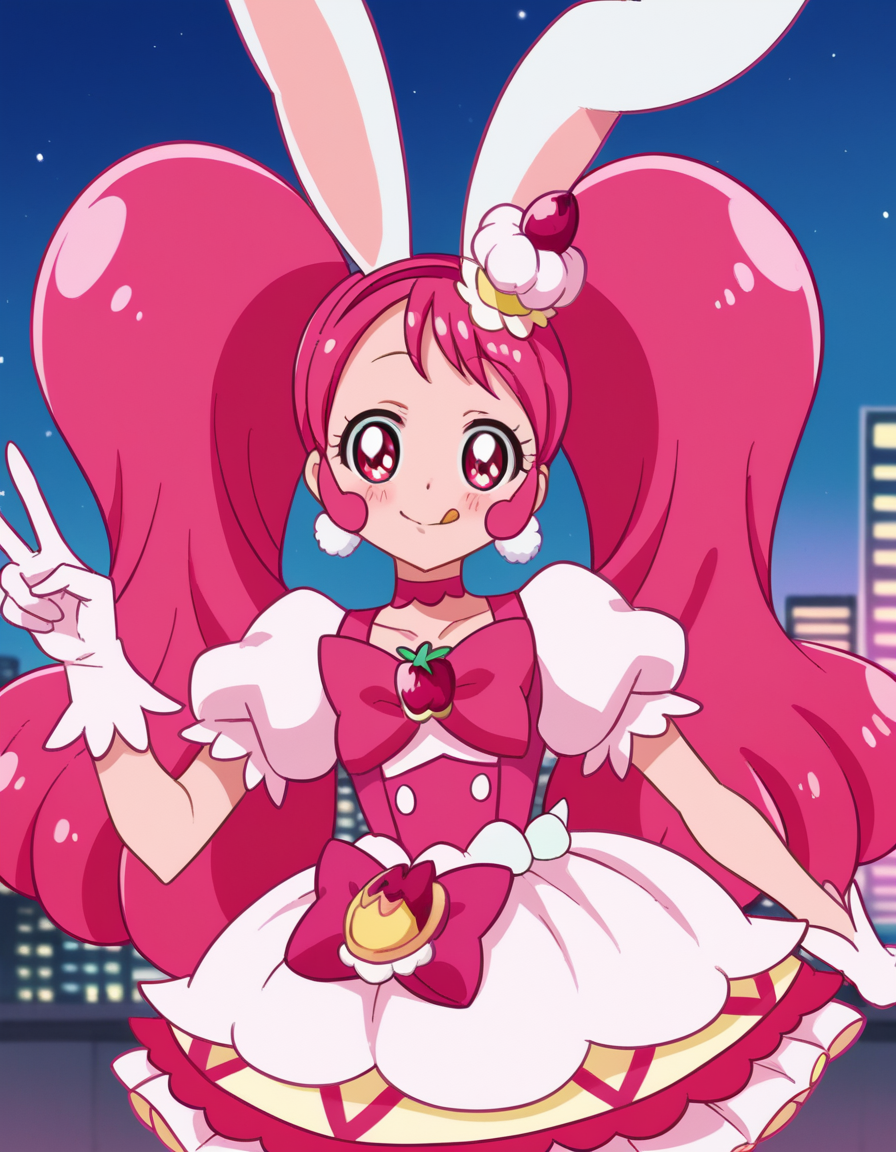 score_9, score_8_up, score_7_up, source_anime,
<lora:ichika-usami-anime-ponyxl-lora-nochekaiser:1>, ichika usami, hair ornament, twintails,
gloves, dress, bow, animal ears, jewelry, pink hair, earrings, choker, puffy sleeves, white gloves, rabbit ears, magical girl, pink bow, pom pom \(clothes\), food-themed hair ornament, pink choker,
cityscape, smile, blush, v, v over eye, tongue out,
looking at viewer, cowboy shot, dutch angle, solo,