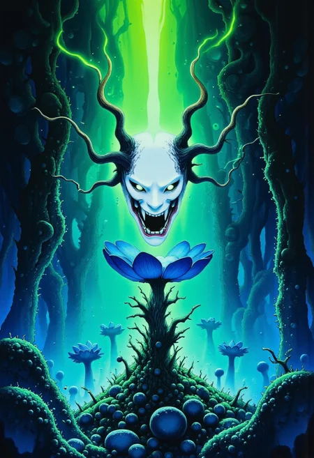 Studio Ghibli Dark Fairytale depicting a cursed hannya mask with horns and fangs blooming out of a blue lotus in a liminal bonsai garden with eerie radiating cyan and green miasma