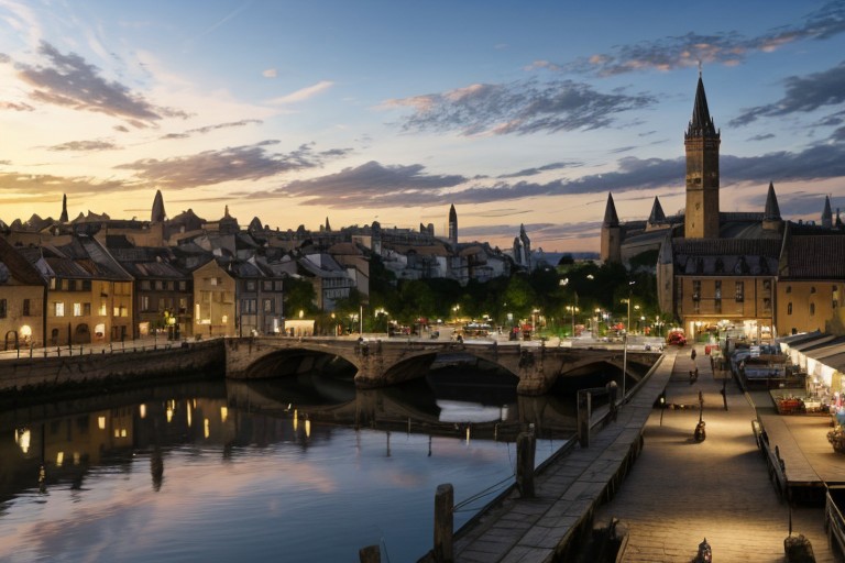 detailed, medieval city with tall walls, farmer's market along road to city's gate, left from market not wide river with small pier, where stand some boats, shinig, day,