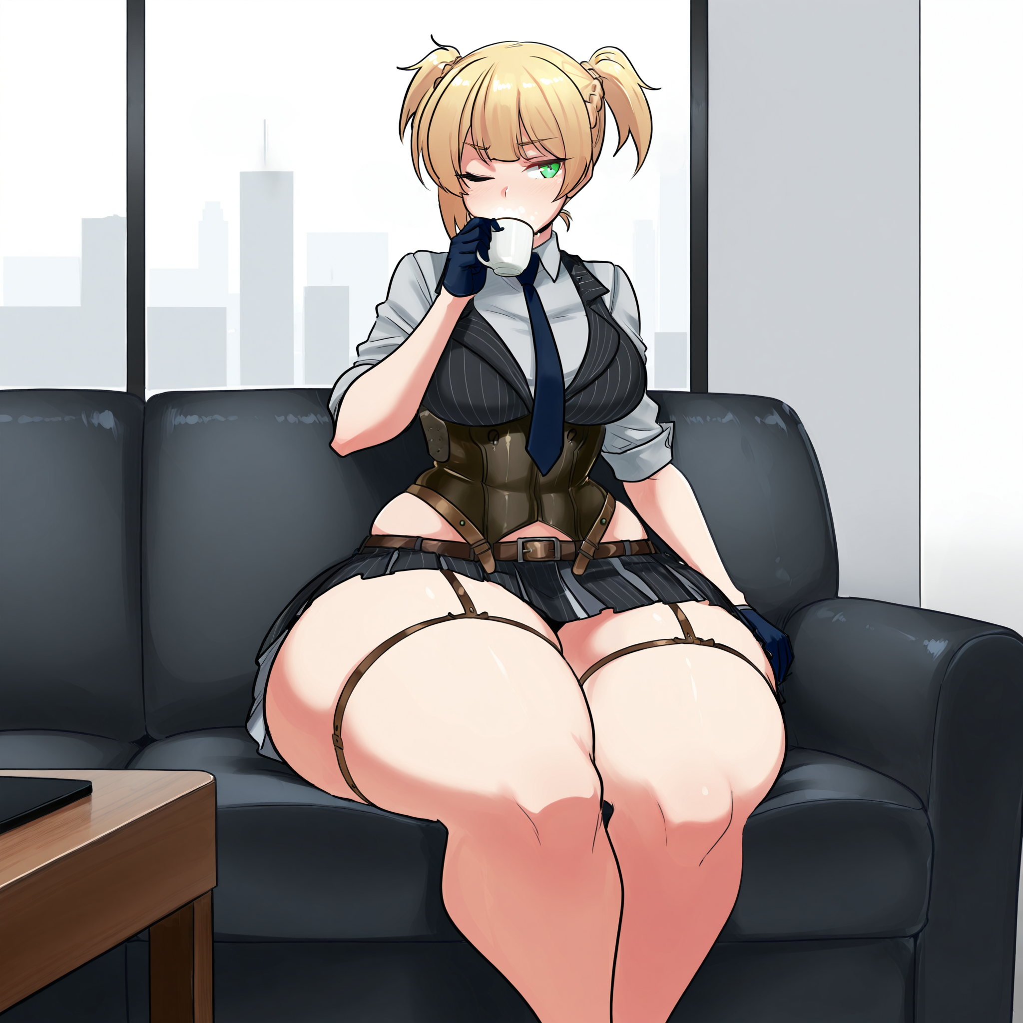(masterpiece), best quality, (highly detailed), 1female, solo, <lora:Welrod:0.7> , Welrod, green eye, one eye closed, welbase, necktie, corset, skirt, pinstripe pattern, gloves, couch, sitting, big thighs, coffee_table, thick thighs, drinking tea, <lora:Alpha_Erasure_Style_Illustrious:0.8>, office,