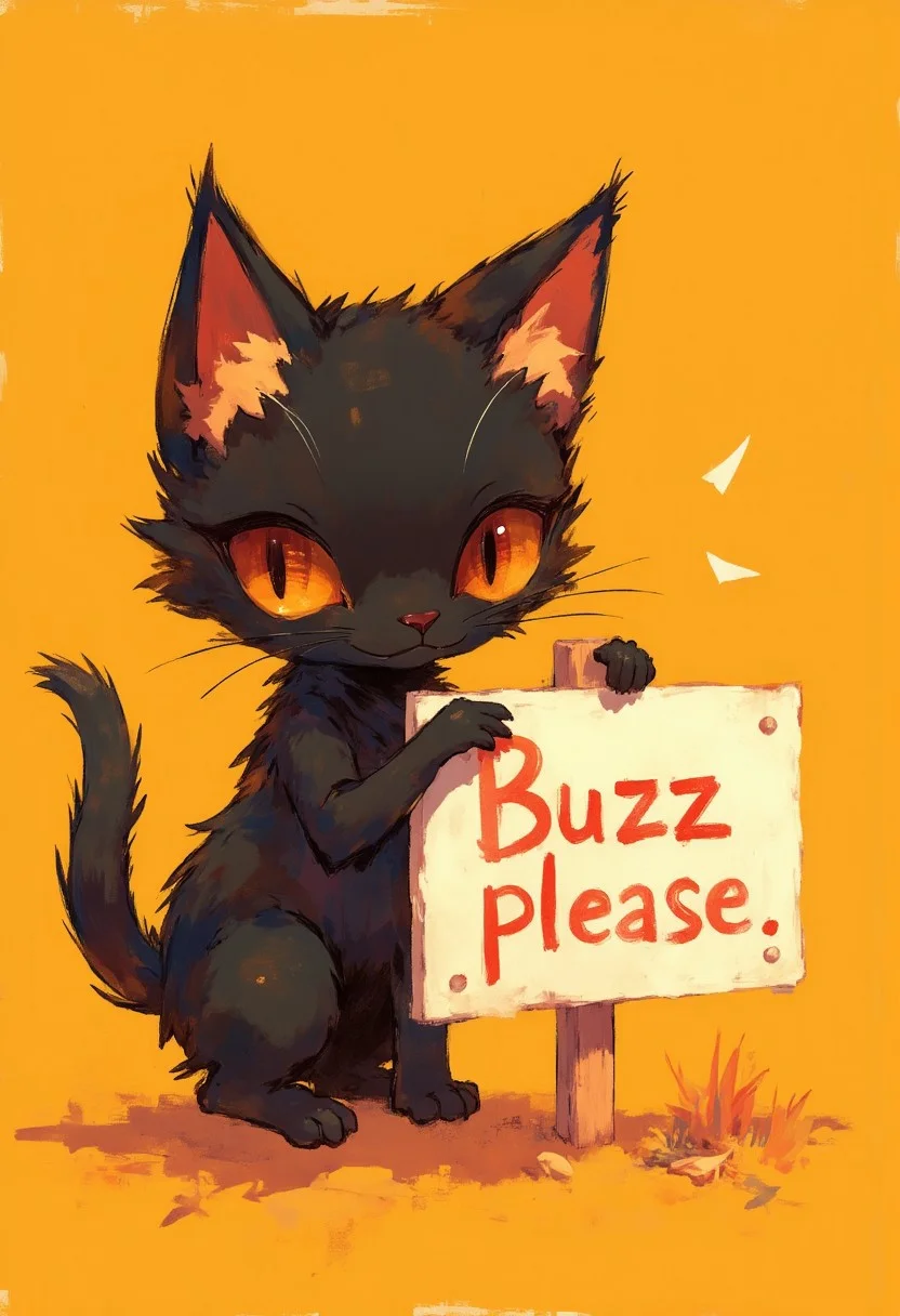 Cute little black cat with big eyes pointing to s sign that reads "Buzz please"
