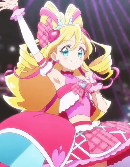 score_9, score_8_up, score_7_up,source anime,absurdres,solo,1girl, anime screencap,cureidol, pink skirt, smile, skirt, jewelry, earrings, navel, looking at viewer, pink bow, midriff, magical girl, bow, heart, plaid, hair ornament, idol ,blush,armpit focus<lora:cureidol_pony:0.8>