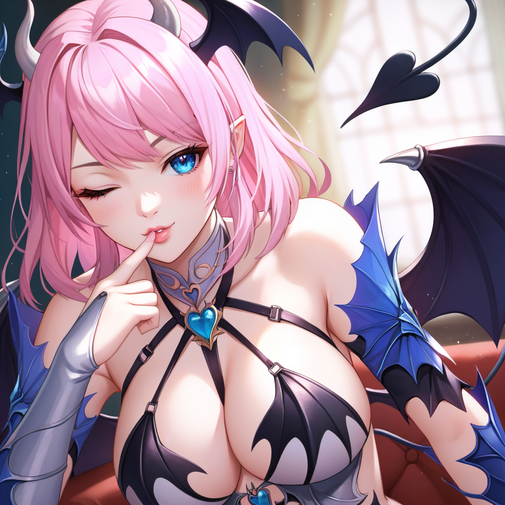 score_9, score_8_up, score_7_up,score_6_up,uncensored,detailed eyes,perfect eyes,extremely detailed CG,extremely detailed face,detailed Lora,best quality,source_anime,anime,perfect face, beautiful eyes,beautiful face, detailed eyes ,masterpiece,high resolution, distinct image BREAK      <lora:Selren:0.75> 1girl, horns,demon horns,blue eyes, wings, pink hair,demon girl,grey thighhighs, breasts,demon wings, jewelry,tail,garter straps, large breasts, demon tail,bare shoulders,lips,greaves,white high heels , finger to mouth, blowing kiss, looking at viewer, one eye closed, close up, heart, arm behind head, arm up