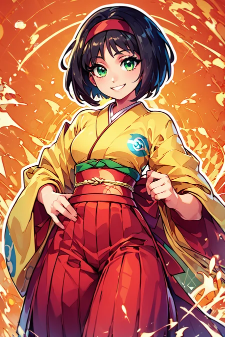 score_9, score_8_up, score_8, medium breasts, (curvy), cute, eyelashes, rating safe, BREAK, zzErika, green eyes, short black hair, kimono, Japanese clothes, hakama, red hairband, BREAK, smile, looking at viewer, abstract fire background, white outline, embedding:zPDXL, Expressiveh, <lora:ErikaPokemonPDXL:0.6>, <lora:CatalystStylePDXL:0.6>, <lora:SDXLFaeTastic2400:0.5>, <lora:Expressive_H-000001:0.4>,