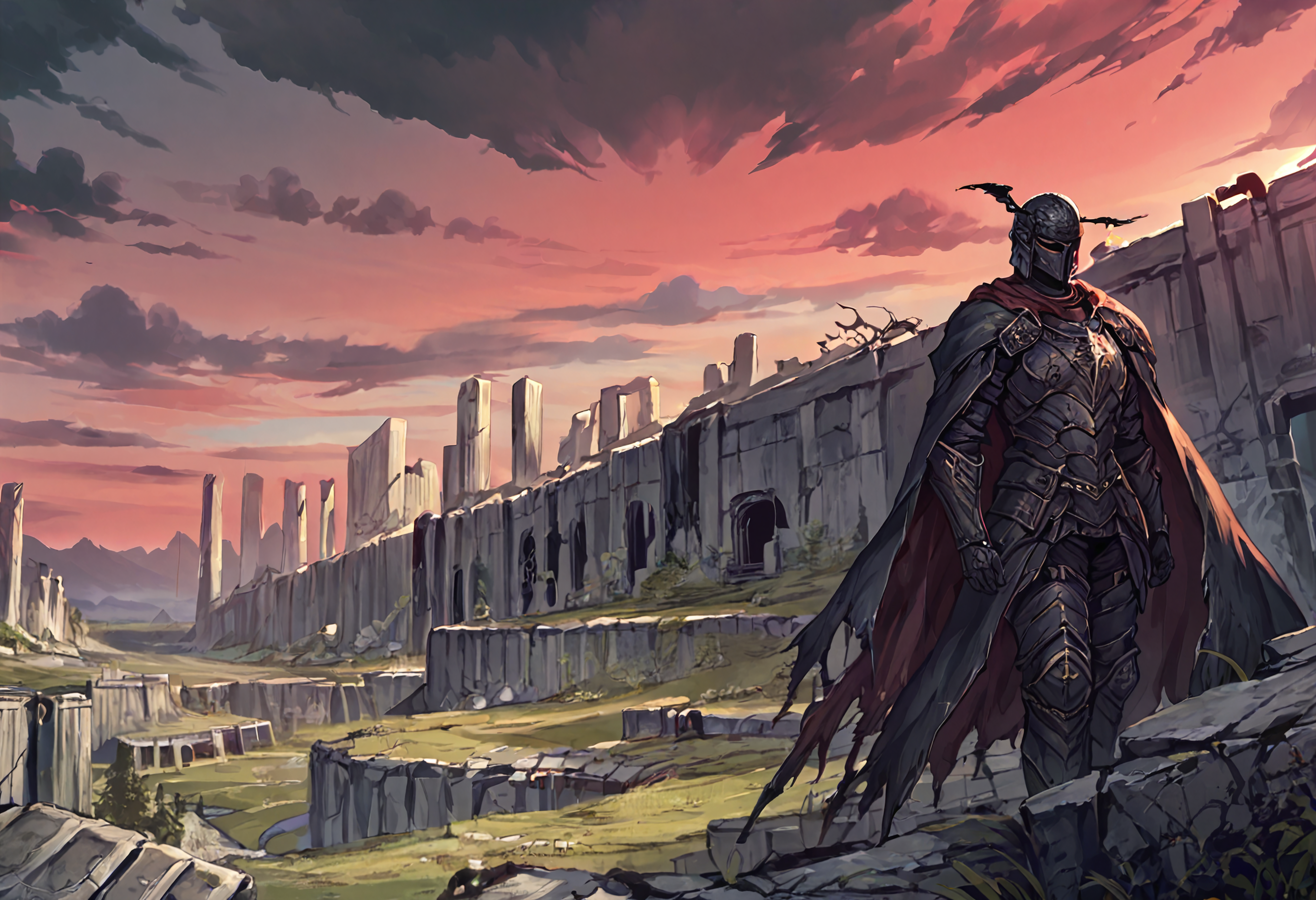 score_9, score_7_up BREAK 1other,cape,full armor,helmet,scenery,landscape,black clouds,red sky,wide shot,ruins,apocalypse,fantasy,grimdark <lora:ibuo_pd:1>