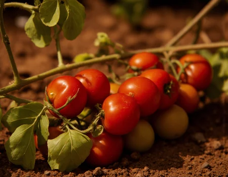 <lora:{yummy, }yummy-000019:0.85> yummy, A highly detailed, 4K photorealistic image of vine tomatoes, showcasing a cluster of plump, red tomatoes still attached to their vine, with a mix of green leaves and delicate, brown stems. The tomatoes have slight variations in color, ranging from deep red to hints of orange, with subtle texture and minor blemishes on their skin, such as tiny scars and soft spots. The leaves are a vibrant green, with visible veins and a soft, natural sheen. The lighting is warm and natural, with soft, golden tones illuminating the tomatoes and leaves, casting gentle shadows that accentuate their shapes and textures. The background is a blurred, earthy brown, representing the soil or a wooden table, adding a sense of depth and context to the image. The shot is a close-up, macro-style shot, focusing intently on the textures and details of the tomatoes and their vine, with a shallow depth of field that softly blurs the surrounding environment. The overall mood is one of freshness and natural beauty, capturing the simple yet vibrant appeal of freshly picked vine tomatoes. The image features a high level of photorealistic detail, with precise rendering of the tomatoes' textures, the intricate patterns on the leaves, and the subtle play of light on the scene. 8k highest resolution with sharp intricate details. Hyperrealistic, detailed, and vivid. . 35mm photograph, film, bokeh, professional, 4k, highly detailed