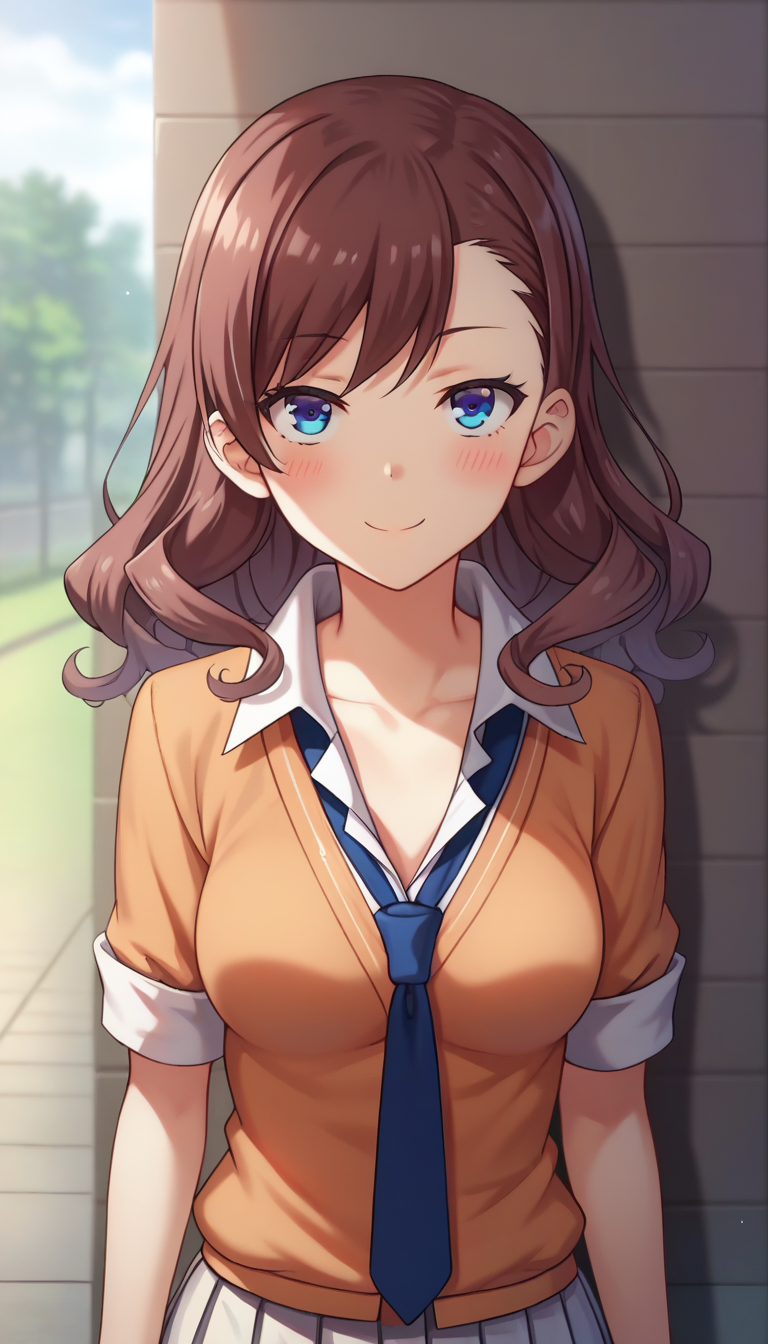 score_9,score_8_up,masterpiece,best quality,correct anatomy,anime_source,1girl,solo,perfect eyes,perfect arms,perfect legs,perfect face,outdoors,upper body,(portrait:1.5),looking at viewer,facing viewer,smile,blush,Sato Maya,long hair,curly hair,brown hair,bangs,blue eyes,collarbone,school uniform,orange cardigan,blue necktie,collared shirt,white shirt,sleeves rolled up,medium breasts,skindentation,miniskirt,white skirt,pleated skirt,black socks,loafers,brown footwear,<lora:Sato Maya(cote)-Pony:1.6>,