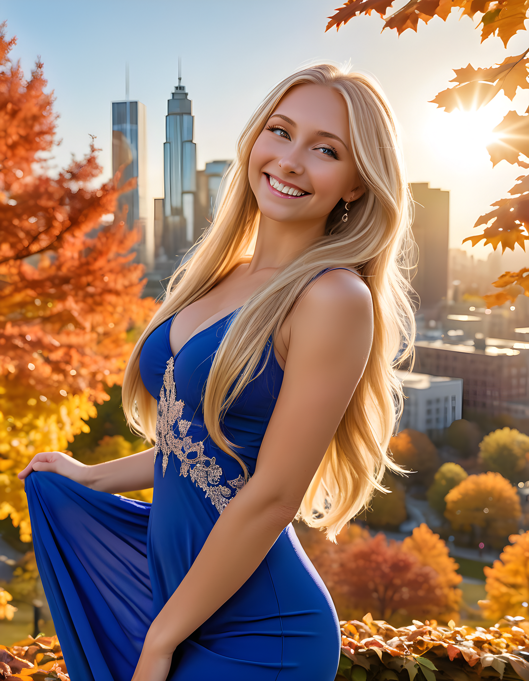 In the heart of a bustling city park, under the soft glow of a mid-afternoon sun filtering through towering trees, stands a radiant woman named Kemkin. Her long, golden hair cascades down her back, catching the sunlight and creating a halo effect around her glowing blonde locks. She wears a sleek, royal blue dress that hugs her figure, complementing her piercing blue eyes and bright white teeth as she flashes a warm, inviting smile at the viewer. Her pose is confident yet approachable, with one hand casually placed on her hip and the other gesturing slightly towards herself, encouraging engagement. The background details consist of vibrant autumn foliage, children playing in the distance, and the city skyline peeking through the trees, creating a picturesque backdrop for this captivating moment.