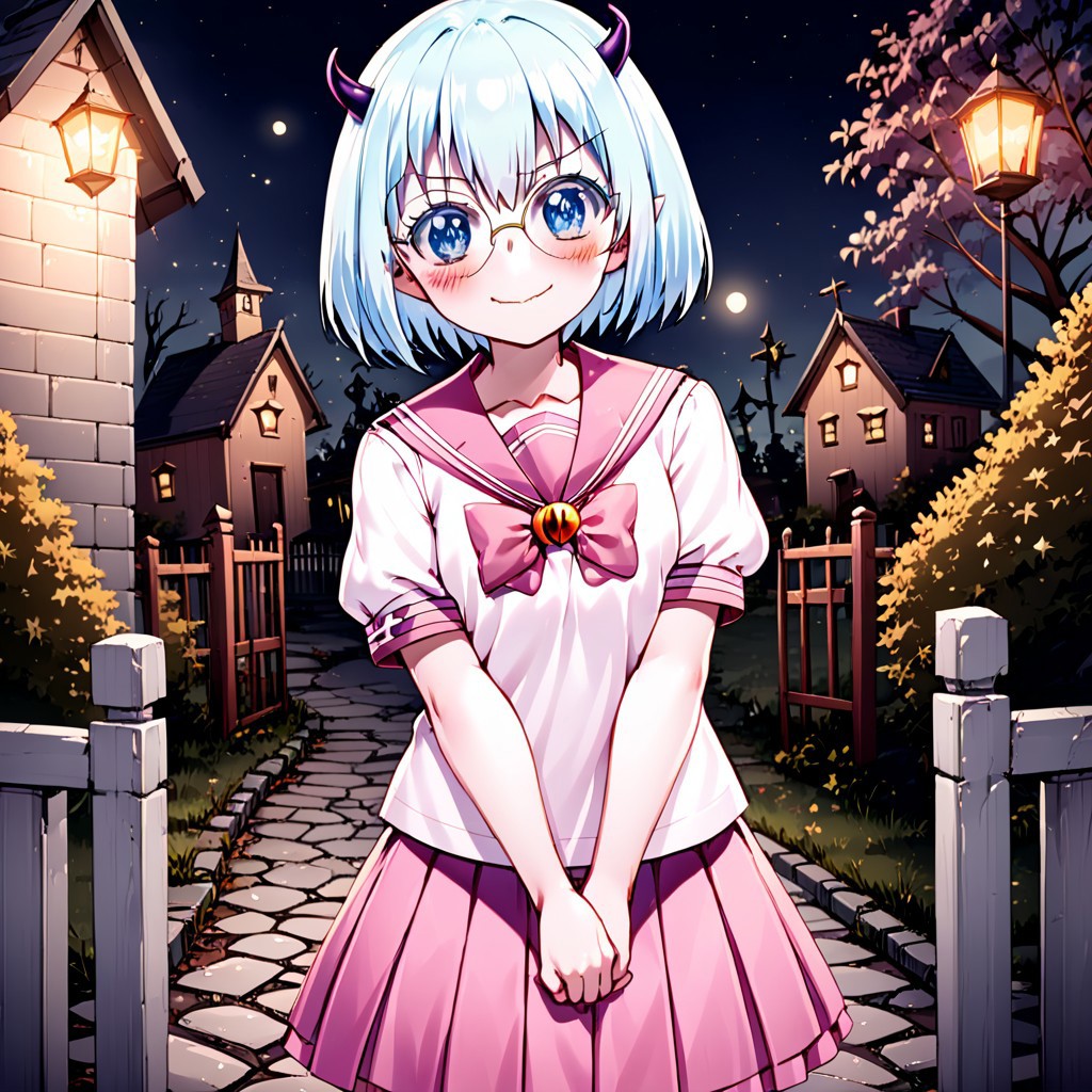 best quality, masterpiece, detailed, Crocell Kerori, smile, closed mouth, light blush, happy, light blue hair, short hair, blue eyes, horns, round eyewear, colored eyelashes, KeroriSchoolUniform, school uniform, serafuku, pink skirt, bow, standing, looking at the viewer, halloween, outdoors, night.