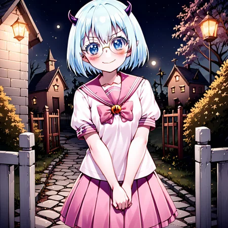 best quality, masterpiece, detailed, Crocell Kerori, smile, closed mouth, light blush, happy, light blue hair, short hair, blue eyes, horns, round eyewear, colored eyelashes, KeroriSchoolUniform, school uniform, serafuku, pink skirt, bow, standing, looking at the viewer, halloween, outdoors, night.